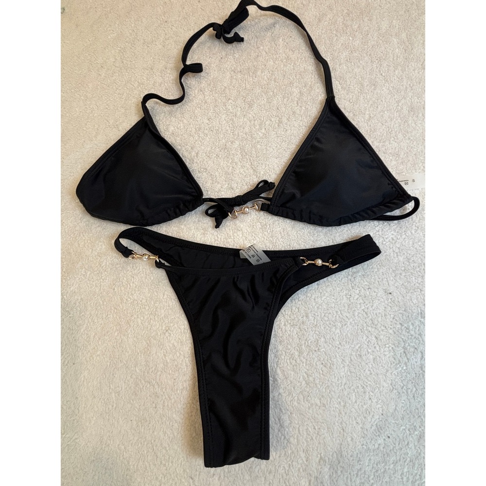 Black Triangle Bikini Set‎ Gold Pearl Hardware Halter High Leg Two Piece Small